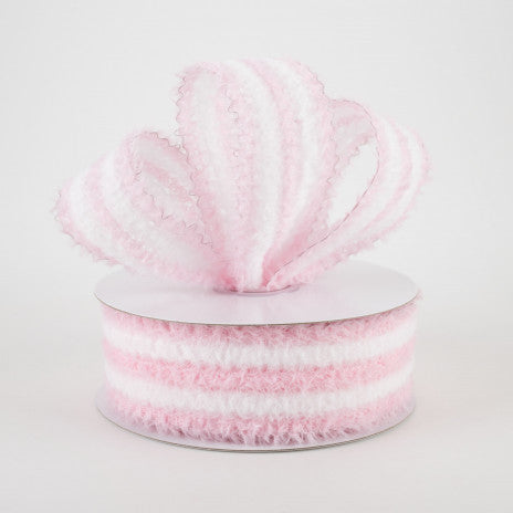 1 1/2" Fuzzy Stripes Wired Ribbon: Pink & White - 1 Yard