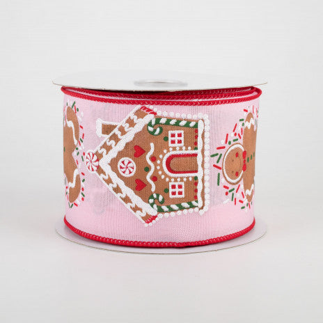 2 1/2 " Gingerbread Man & House Wired Ribbon: Light Pink - 1 Yard