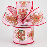 2 1/2 " Gingerbread Man & House Wired Ribbon: Light Pink - 1 Yard