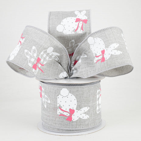 2 1/2" Patterned Bunnies Wired Ribbon: Light Grey -1 Yard