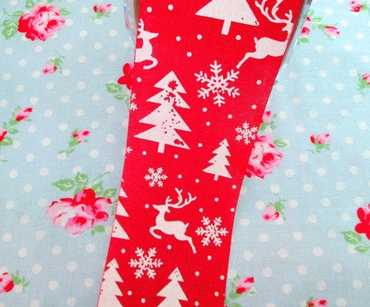 Red and White Festive Christmas Ribbon - 2 1/2 inch - 1 Yard