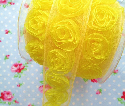 Sheer Woven Rosettes Trim - Pineapple Yellow - 1 1/2 inch - 1 Yard