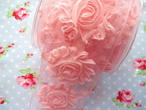 Shabby Chic Frayed Flower Trim - Pink - 2 1/2 inch - 1 Yard