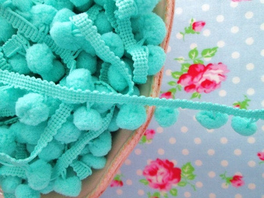 Pom Pom Trim - Aqua Green Dangling - 1/2 inch Ball Fringe - 1 Yard