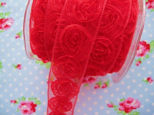 Sheer Woven Rosettes Trim - Apple Red - 1 1/2 inch - 1 Yard