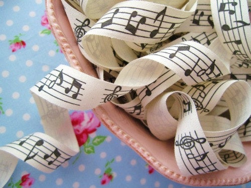 Black Music Notes Ivory Canvas Ribbon - 3/4 inch - 1 Yard