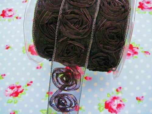 Sheer Woven Rosettes Trim - Black - 1 1/2 inch - 1 Yard