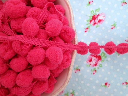 LARGE Pom Pom Trim - Raspberry Punch Dangling - 3/4 inch Ball Fringe - 1 Yard - Sugar Pink Boutique