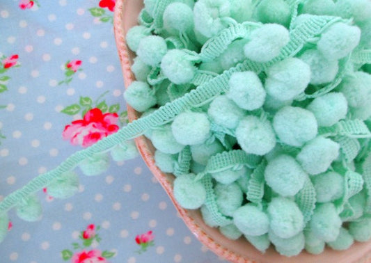 Pom Pom Trim Mint Green Dangling - 1/2 inch Ball Fringe - 1 Yard