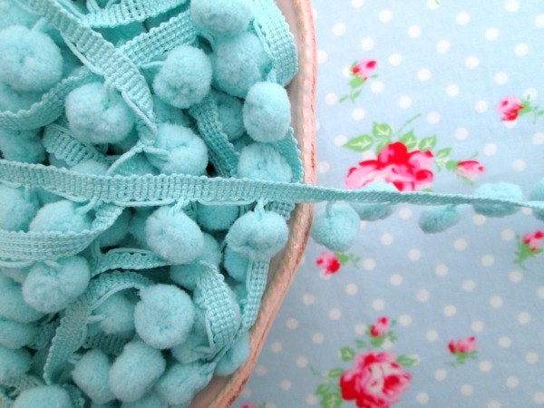 Pom Pom Trim - Aqua Blue Dangling - 1/2 inch Ball Fringe - 1 Yard