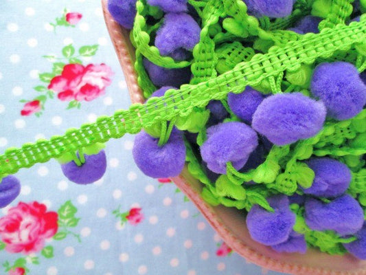 Pom Pom Trim - Juicy Grape and Apple Green Dangling - 5/8 inch Ball Fringe - 1 Yard