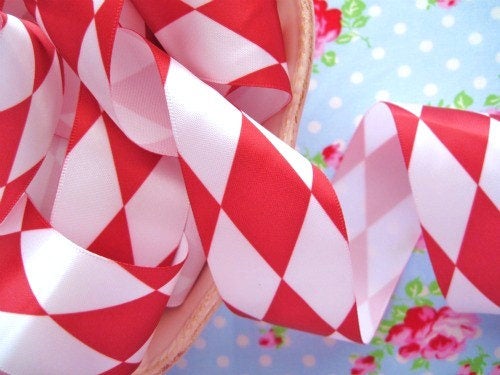 Red and White Jester Print Satin Ribbon - 1 1/2 inch - 1 Yard