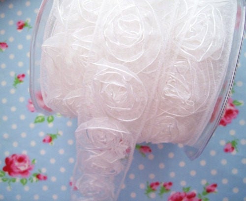 Sheer Woven Rosettes Trim - Snow White - 1 1/2 inch - 1 Yard - Sugar Pink Boutique