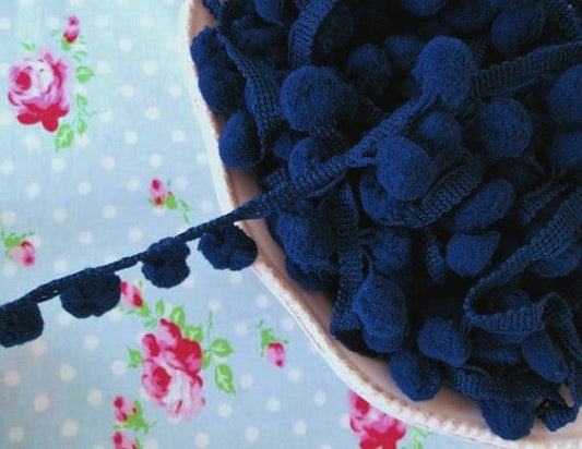 Pom Pom Trim Navy Blue Dangling - 1/2 inch Ball Fringe - 1 Yard