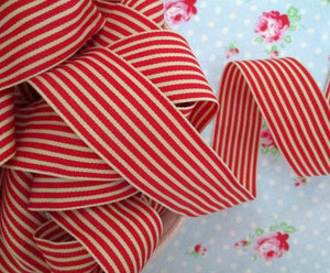 Striped Grosgrain Ribbon -  Red and Ivory - 1 1/2 inch - 1 Yard