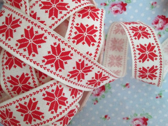 Red and Ivory Scandinavian Nordic Snowflake Wired Christmas Ribbon - 1 Yard