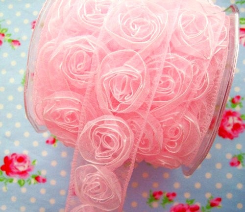 Sheer Woven Rosettes Trim - Rose Pink - 1 1/2 inch - 1 Yard - Sugar Pink Boutique