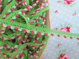 Mini Pom Pom Trim - Pink and Green - Ball Fringe - 1 Yard