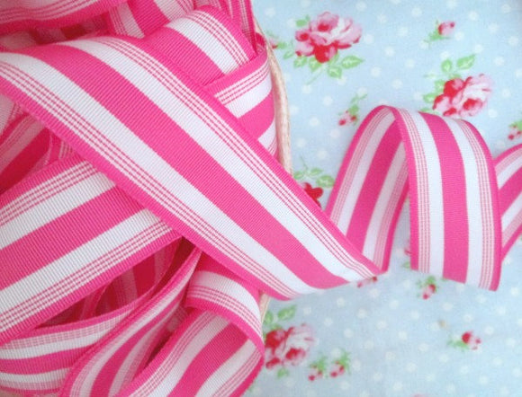 Striped Grosgrain Ribbon -  Bubblegum Pink and White - 1 1/2 inch - 1 Yard