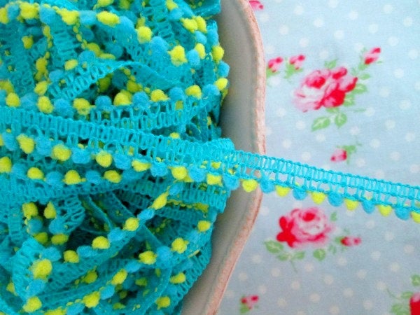 Mini Pom Pom Trim - Turquoise and Yellow - Ball Fringe - 1 Yard