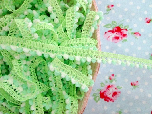 Mini Pom Pom Trim - Green and Ivory - Ball Fringe - 1 Yard