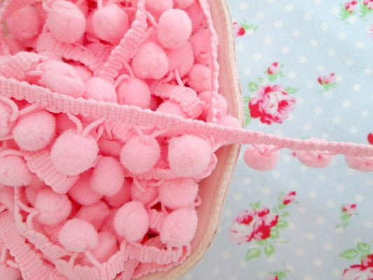 Pom Pom Trim Pink Frosting Dangling - V Drop - 5/8 inch Ball Fringe - 1 Yard