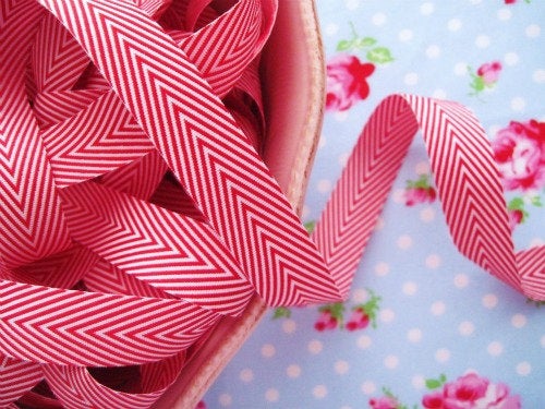 Chevron Striped Twill - Red and White - Ribbon - 3/4 inch - 1 Yard