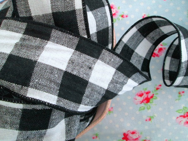 Buffalo Check Wired Ribbon - Black and White- 2 1/2 inch - 1 Yard