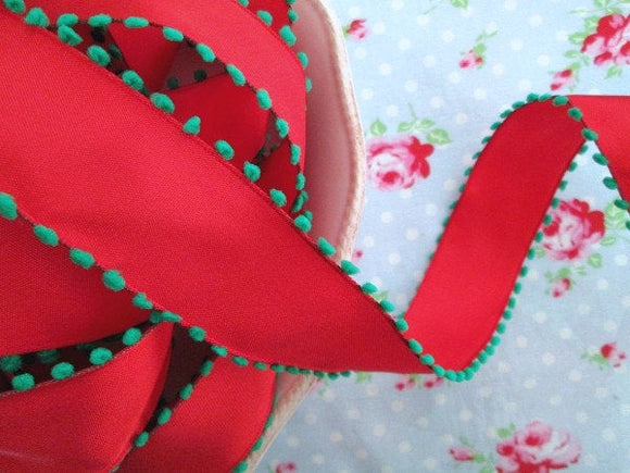 Pom Pom Edge Wired - Red and Green - Ribbon - 1 1/2 inch - 1 Yard