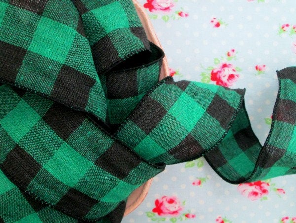 Buffalo Check Wired Ribbon - Green and Black - 2 1/2 inch - 1 Yard