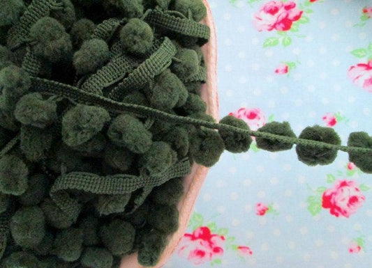 Pom Pom Trim - Dark Olive Green Dangling - 1/2 inch Ball Fringe - 1 Yard