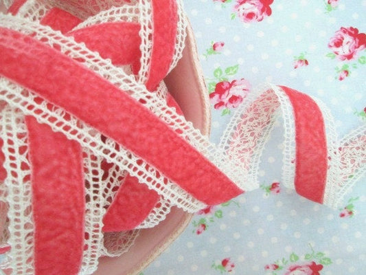 Velvet Center Crochet Ribbon - Rose Pink and Cream - 1 1/2 inch - 1 Yard