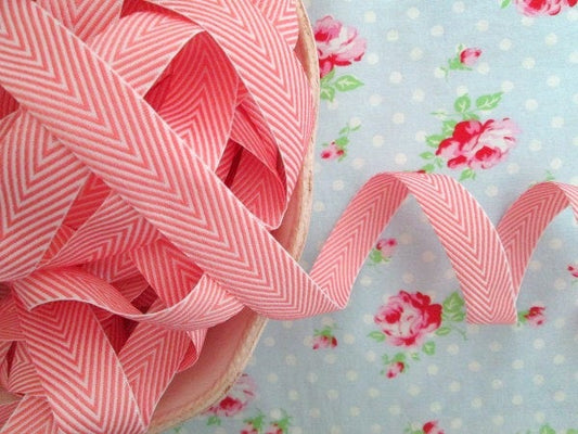 Chevron Striped Twill - Coral and White - Ribbon - 3/4 inch - 1 Yard