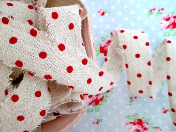 Red Polka Dots on Natural Ribbon with Frayed Edges - 1 1/2 inch - 1 Yard