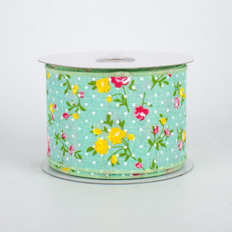 2 1/2" - Floral Swiss Dot Wired Ribbon: Mint Green - 1 Yard