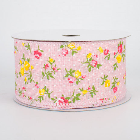 2 1/2" - Floral Swiss Dot Wired Ribbon: Pink  - 1 Yard