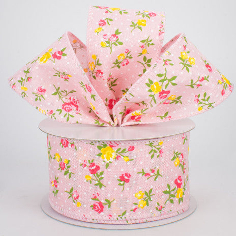 2 1/2" - Floral Swiss Dot Wired Ribbon: Pink  - 1 Yard