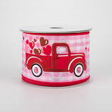 2 1/2" Truck With Hearts Gingham Check Wired Ribbon: Light Pink - 1 Yard