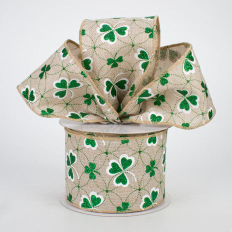 2 1/2 " Glitter Shamrock Wired Ribbon: Natural - 1 Yard