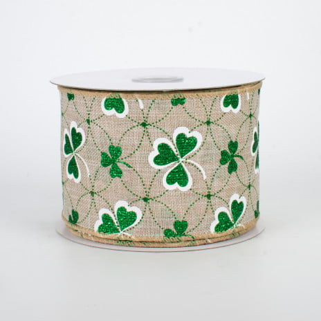 2 1/2 " Glitter Shamrock Wired Ribbon: Natural - 1 Yard