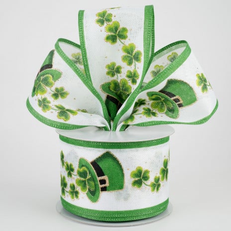 2 1/2" Shamrock Leprechaun Hat Wired Ribbon: White - 1 Yard