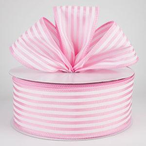2 1/2 " Striped Wired Ribbon: White on Pink Satin - 1 Yard